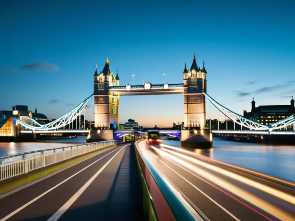 Imponente Puente de la Torre de Londres, con detalles arquitectónicos victorianos y la majestuosa red de cables de suspensión, sobre el río Támesis y la ciudad iluminada