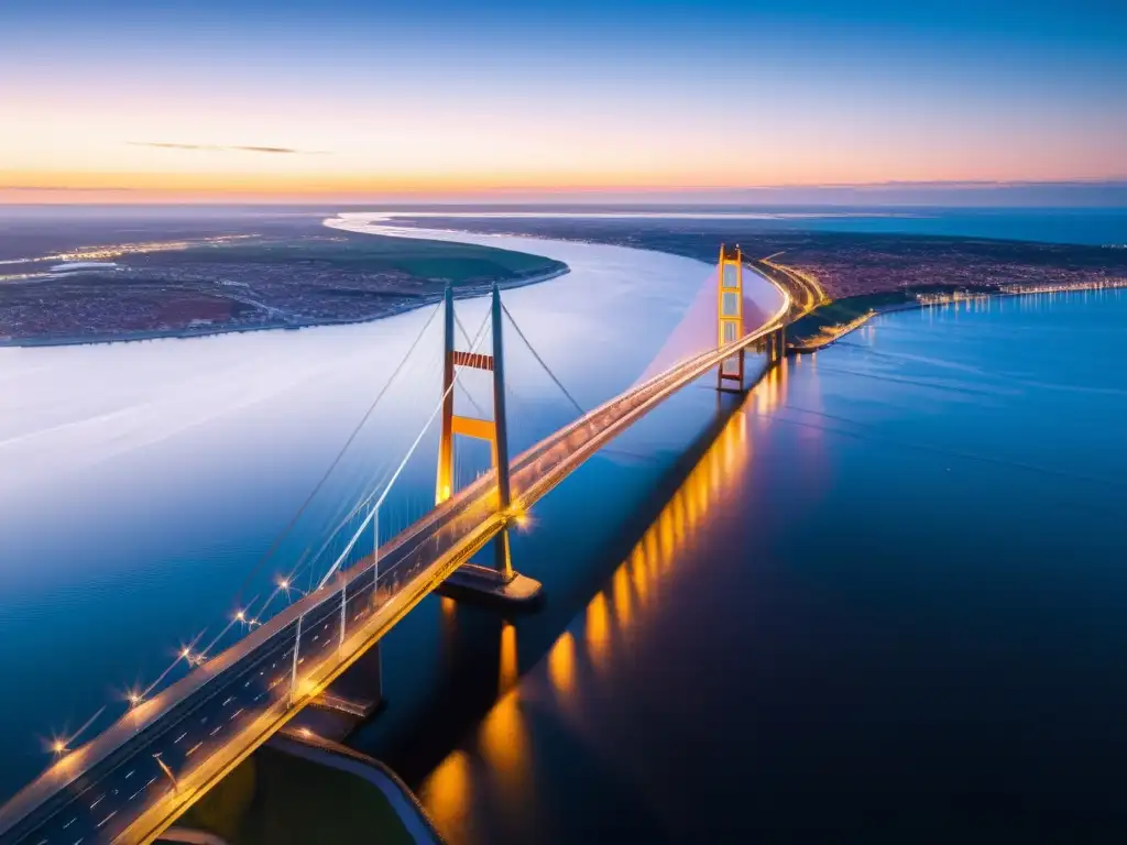 Espléndido puente Oresund: ingeniería moderna en atardecer vibrante El imponente Puente de Oresund se destaca en un vibrante atardecer, mostrando su moderna arquitectura y su historia en un entorno natural
