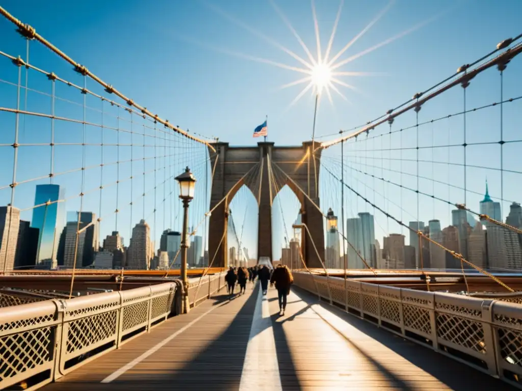 Imponente Brooklyn Bridge en Nueva York, reflejos de luz en cables de acero y una antigua gira turística