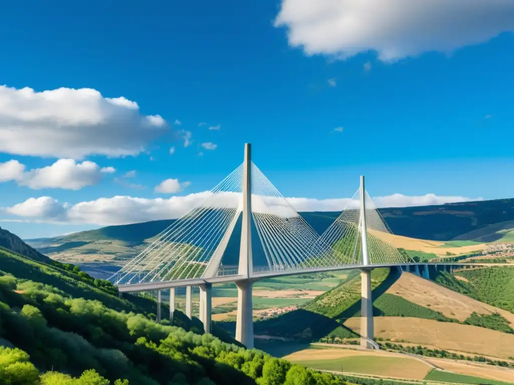 El imponente Viaducto de Millau se alza contra un cielo azul vibrante y nubes rodantes