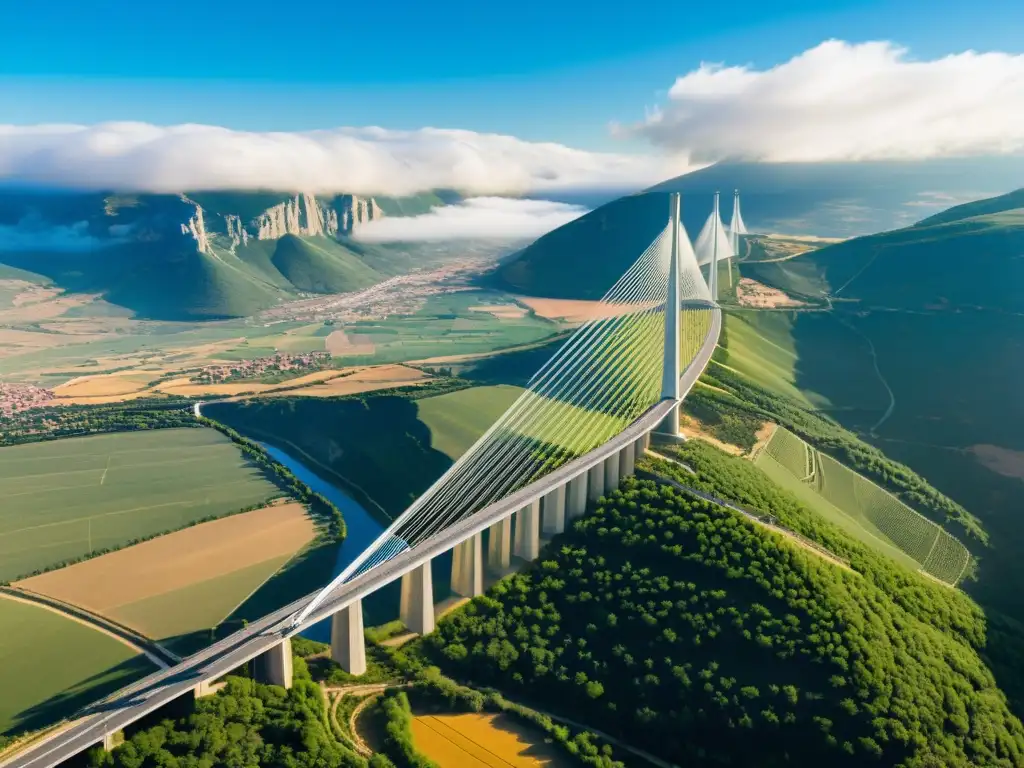 El imponente Viaducto de Millau se eleva sobre las nubes, creando una red geométrica