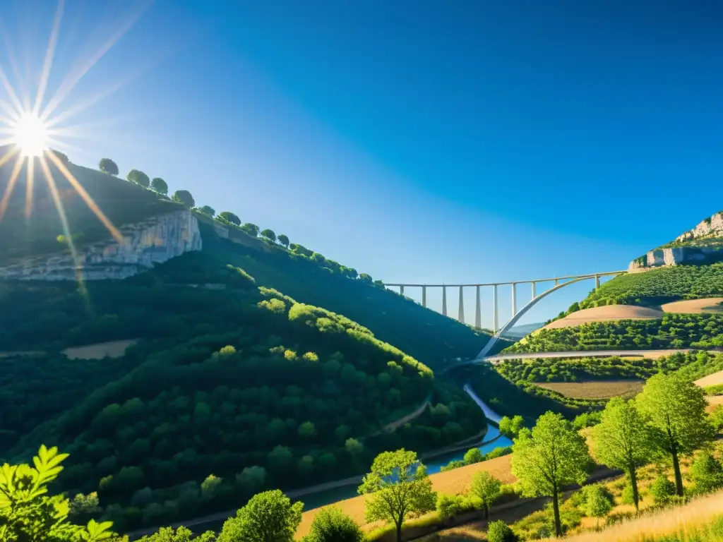 Imponente viaducto de Millau visto desde abajo, con sombras dramáticas y paisaje impresionante