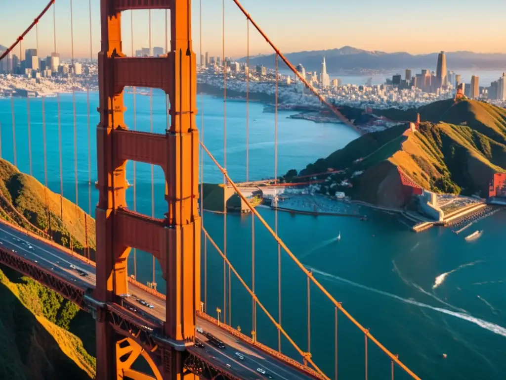 Imponente vista del Puente Golden Gate al atardecer en 8k, destacando su icónico color rojo anaranjado