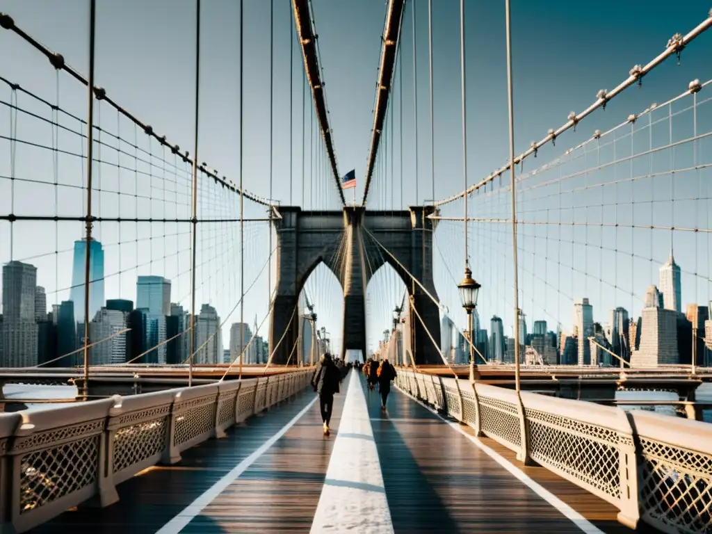 Imponente vista en blanco y negro del Puente de Brooklyn, resaltando su arquitectura antigua y la realidad aumentada de la ciudad moderna