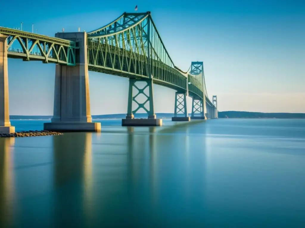 Imponente vista panorámica del Puente Bahía Chesapeake en 8k, reflejando la luz del sol en las aguas, capturando su grandiosidad y belleza natural