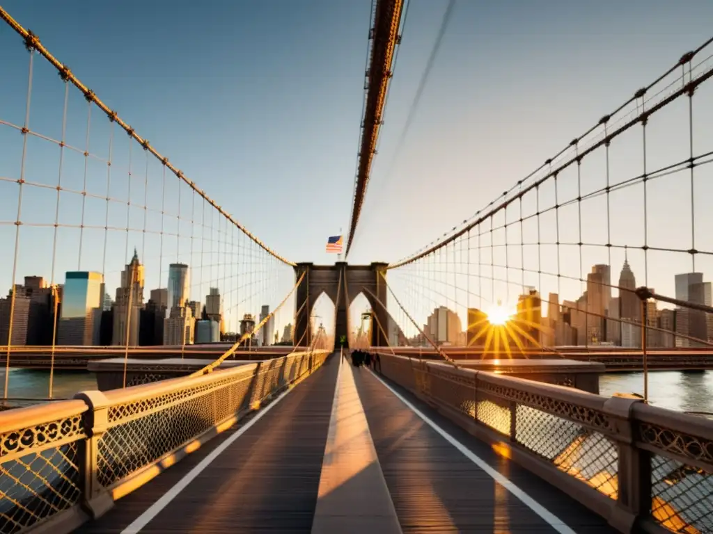 Imponente vista del Puente de Brooklyn al atardecer, resaltando las contribuciones de John Roebling en puentes colgantes