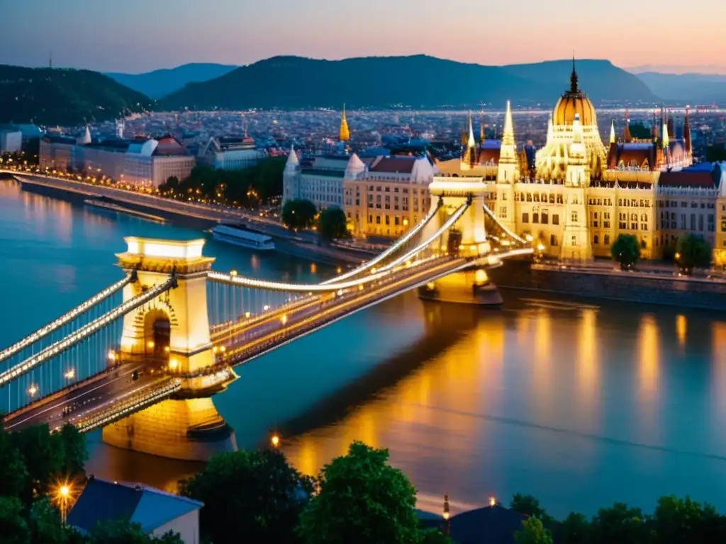 Imponente vista del Puente de las Cadenas de Budapest al anochecer, fotografiando Puente Cadenas Budapest