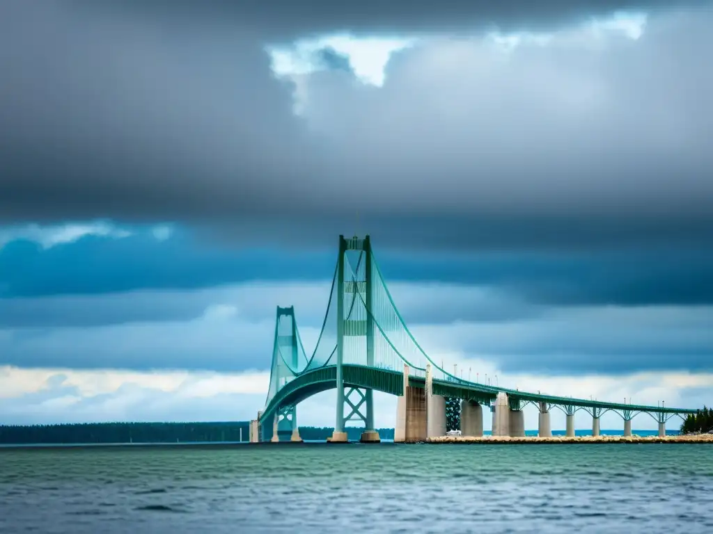 Imponente vista en 8k del puente Mackinac resalta su arquitectura y paisaje bajo un cielo nublado, contando su historia