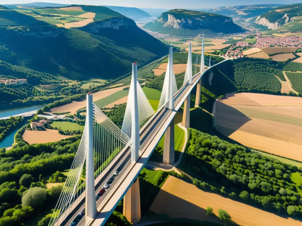 Imponente vista del Viaducto de Millau desde ángulo dinámico, destacando su grandeza e ingeniería