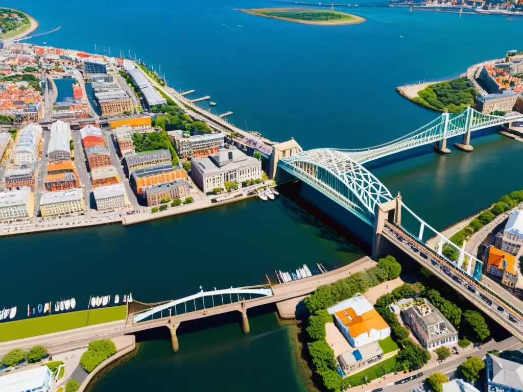 Impresionante fotografía aérea de una ciudad costera con puentes, actividad marítima y exposiciones de arte