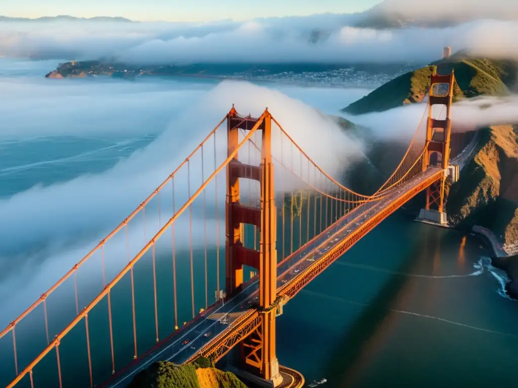 Una impresionante fotografía aérea de alta resolución del Puente Golden Gate en San Francisco en una mañana neblinosa