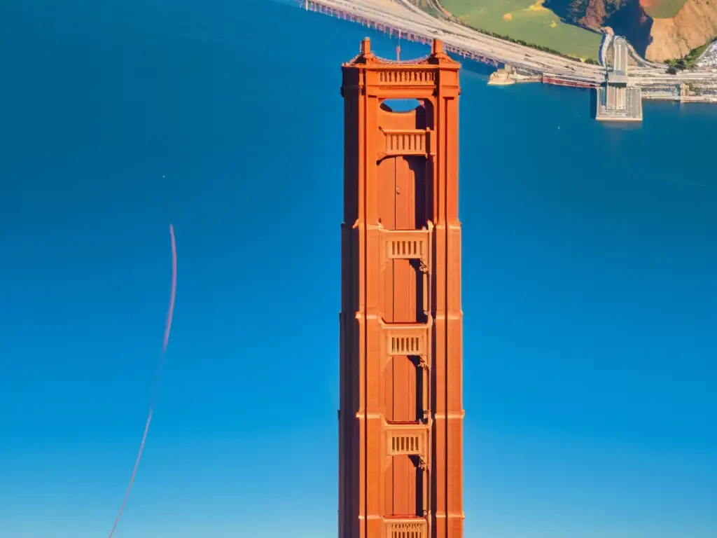 Una impresionante fotografía aérea en alta resolución del Puente Golden Gate, mostrando su icónico color rojo-anaranjado contra un cielo azul claro