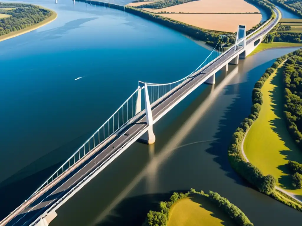 Una impresionante arquitectura de puentes se eleva sobre el río, proyectando sombras dramáticas bajo la luz del sol