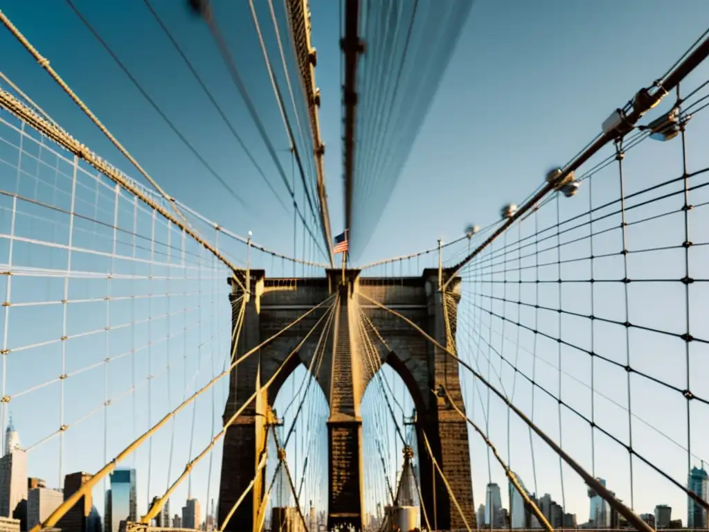 Una impresionante fotografía en blanco y negro del Puente de Brooklyn en Nueva York, resaltando su arquitectura icónica y el skyline de la ciudad