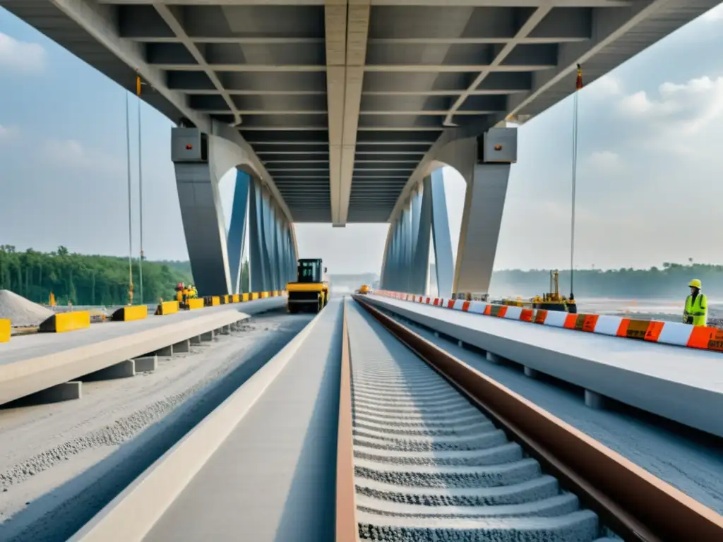 Impresionante construcción de puente con concreto de cenizas volantes, rodeado de maquinaria industrial y trabajadores con equipo de seguridad