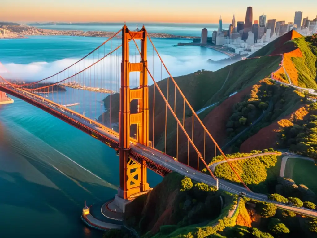 Una impresionante fotografía de alta resolución del Puente Golden Gate, resaltando detalles arquitectónicos contra el horizonte de San Francisco