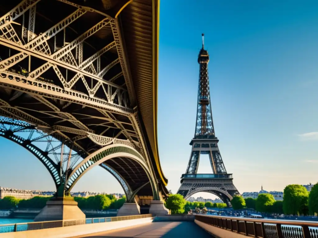 Una impresionante fotografía documental del Puente de BirHakeim en París, con la Torre Eiffel de fondo y el río Sena debajo