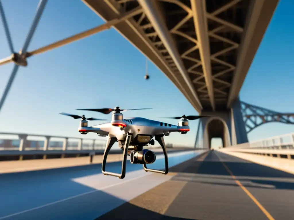 Un impresionante dron metálico inspeccionando un puente, simbolizando innovaciones en ingeniería de puentes con drones