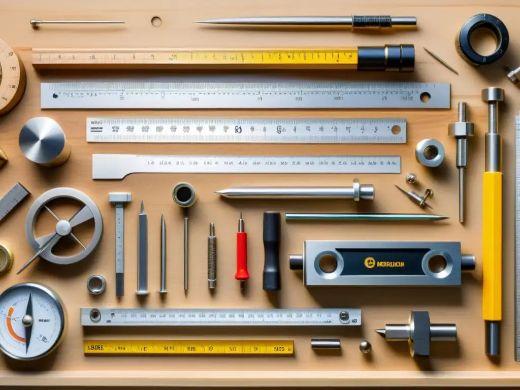 Una impresionante foto detallada de herramientas de ingeniería y materiales en un banco de trabajo de madera