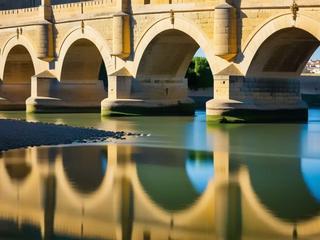 Una impresionante foto detallada del Puente Romano en Córdoba, resaltando su historia y belleza atemporal reflejada en el río Guadalquivir