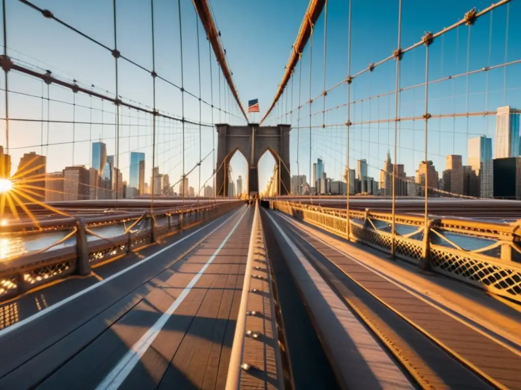 Impresionante imagen en 8k del majestuoso Puente de Brooklyn al atardecer, destacando su arquitectura e intrincados detalles