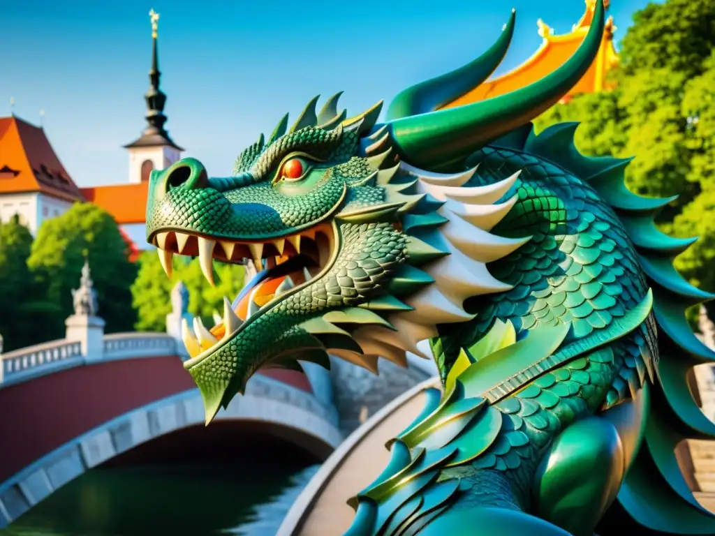 Impresionante imagen 8k del Puente del Dragón en Ljubljana, Eslovenia, con detalles de las estatuas de dragones y la arquitectura histórica