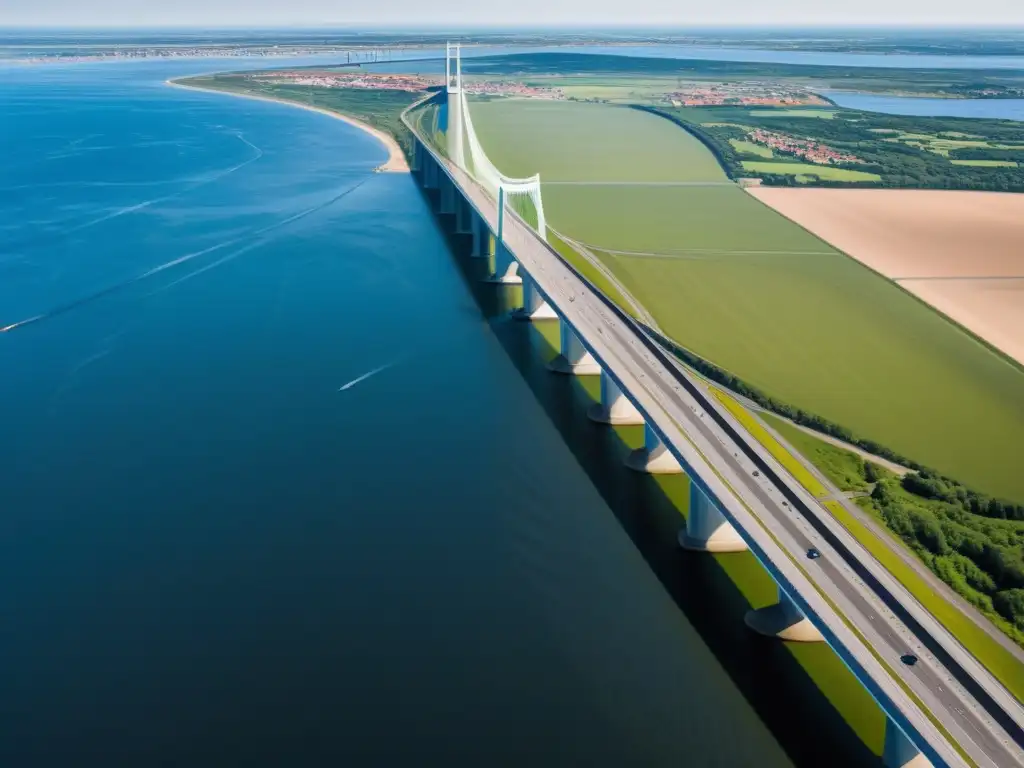 Una impresionante imagen en 8k del Puente Øresund, resaltando su innovación arquitectónica y su integración perfecta con el paisaje natural