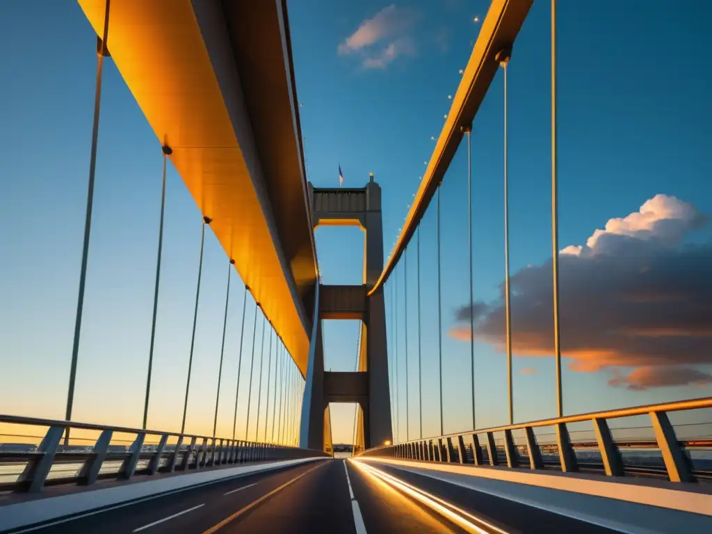 Una impresionante imagen de un puente moderno capturada desde un ángulo único, resaltando sus detalles arquitectónicos