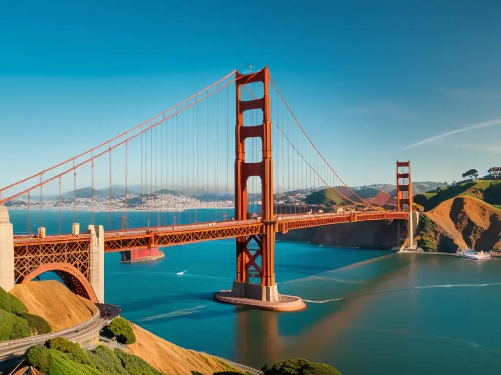 Una impresionante imagen de la realidad aumentada del Puente Golden Gate en San Francisco, resaltando su construcción y elementos estructurales