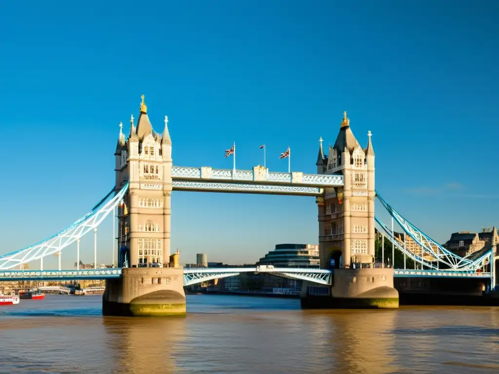 Una impresionante imagen de la Torre de Londres, destacando su arquitectura gótica victoriana y el diseño icónico de puente basculante y de suspensión