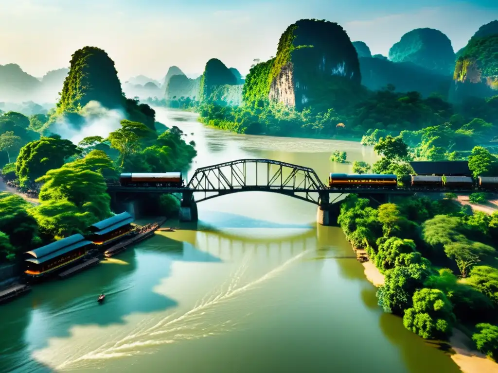 Puente sobre el río Kwai: Belleza icónica en detalle Una impresionante representación literaria de puentes icónicos: el puente sobre el río Kwai, con su diseño arquitectónico detallado y su entorno natural pintoresco