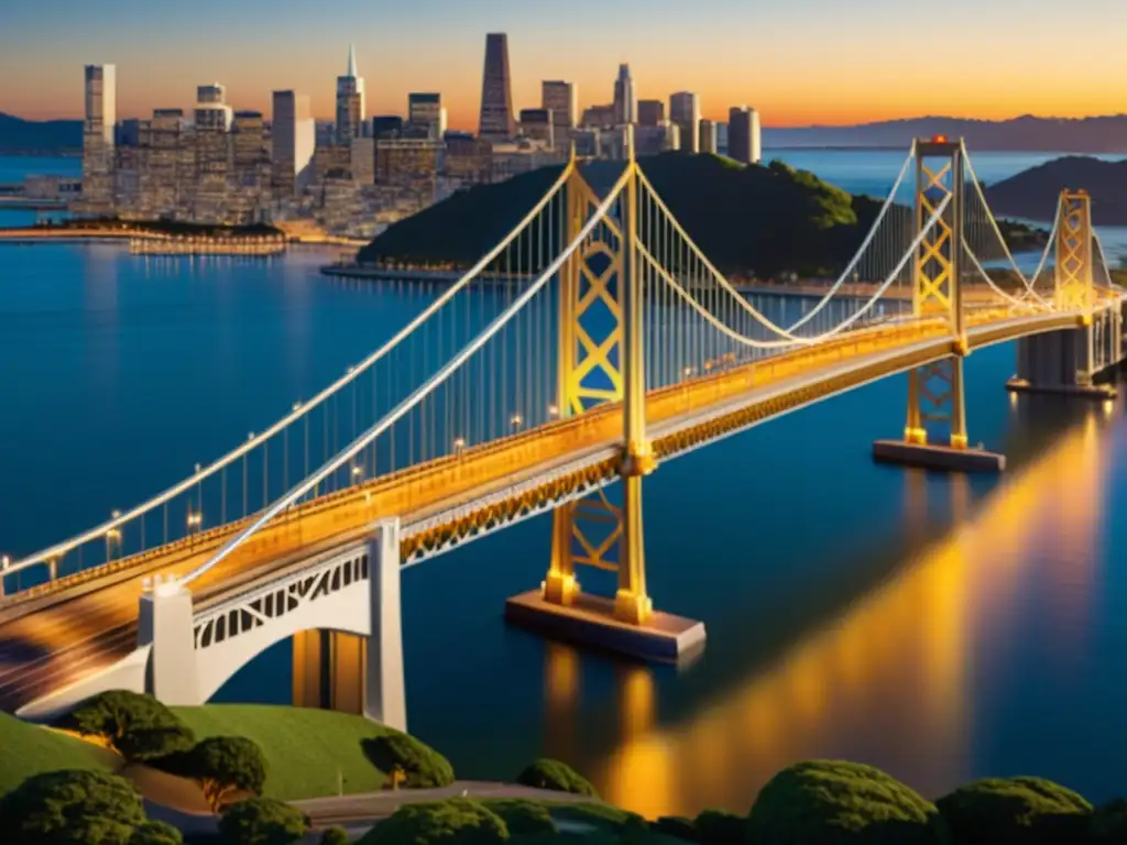 Impresionante modelado 3D del puente de la Bahía de San Francisco, con el atardecer bañando la escena en tonos dorados