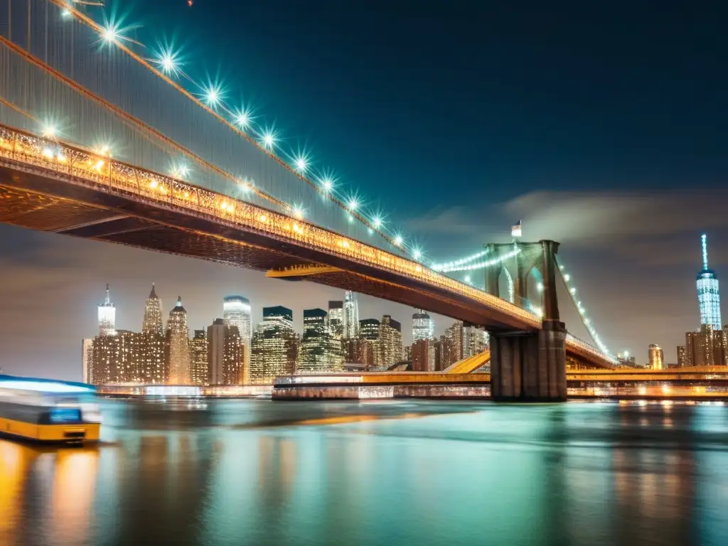 Impresionante fotografía de larga exposición capturando el movimiento del agua y un ferry bajo el Puente de Brooklyn iluminado por la ciudad de noche