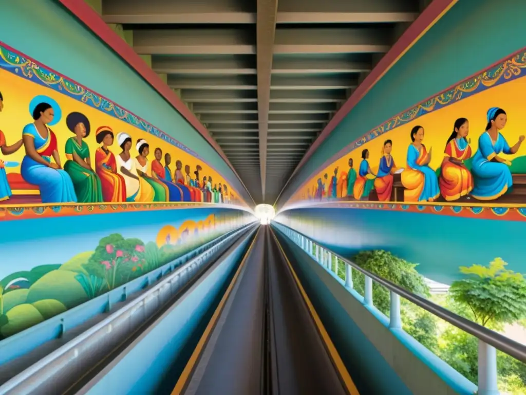 Un impresionante mural de colores vibrantes y detalles intrincados adorna el puente, reflejando la diversidad cultural