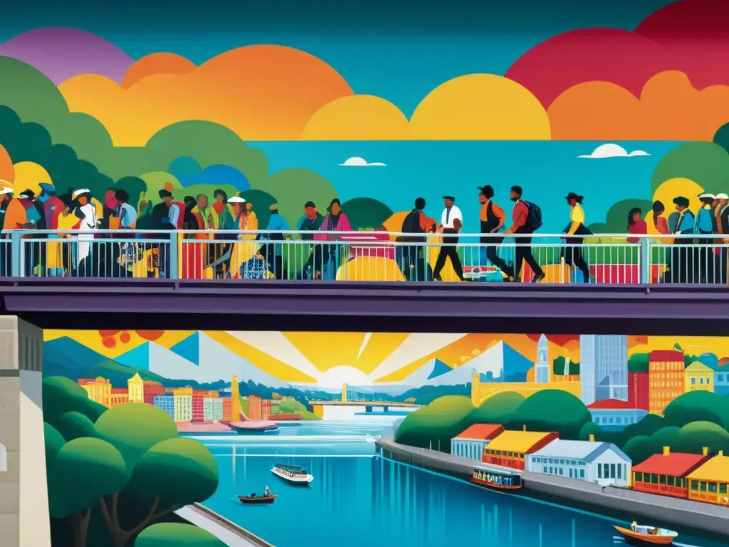 Un impresionante mural colorido en un puente, lleno de vida urbana y activismo social