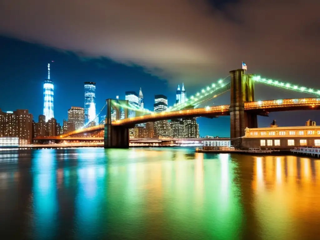 Una impresionante fotografía nocturna del icónico Puente de Brooklyn, resaltando su majestuosidad entre las luces de la ciudad