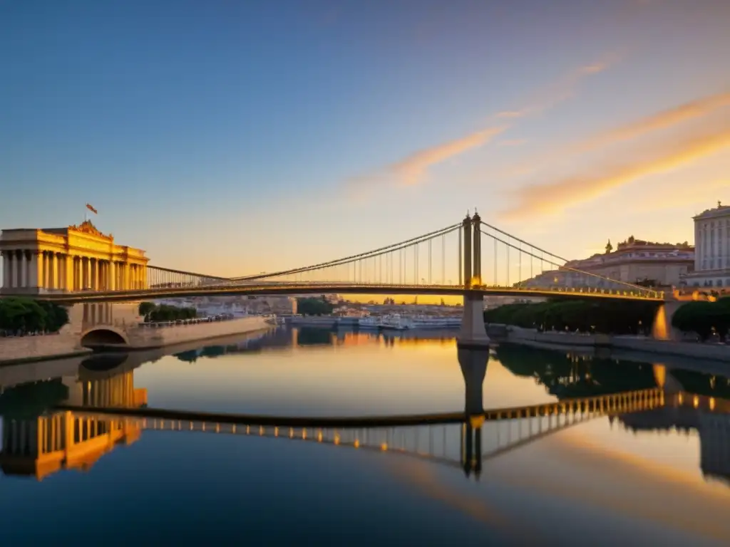 Una impresionante fotografía perfecta del Puente de la Constitución bañado en cálido y dorado atardecer, con su reflejo en el sereno río