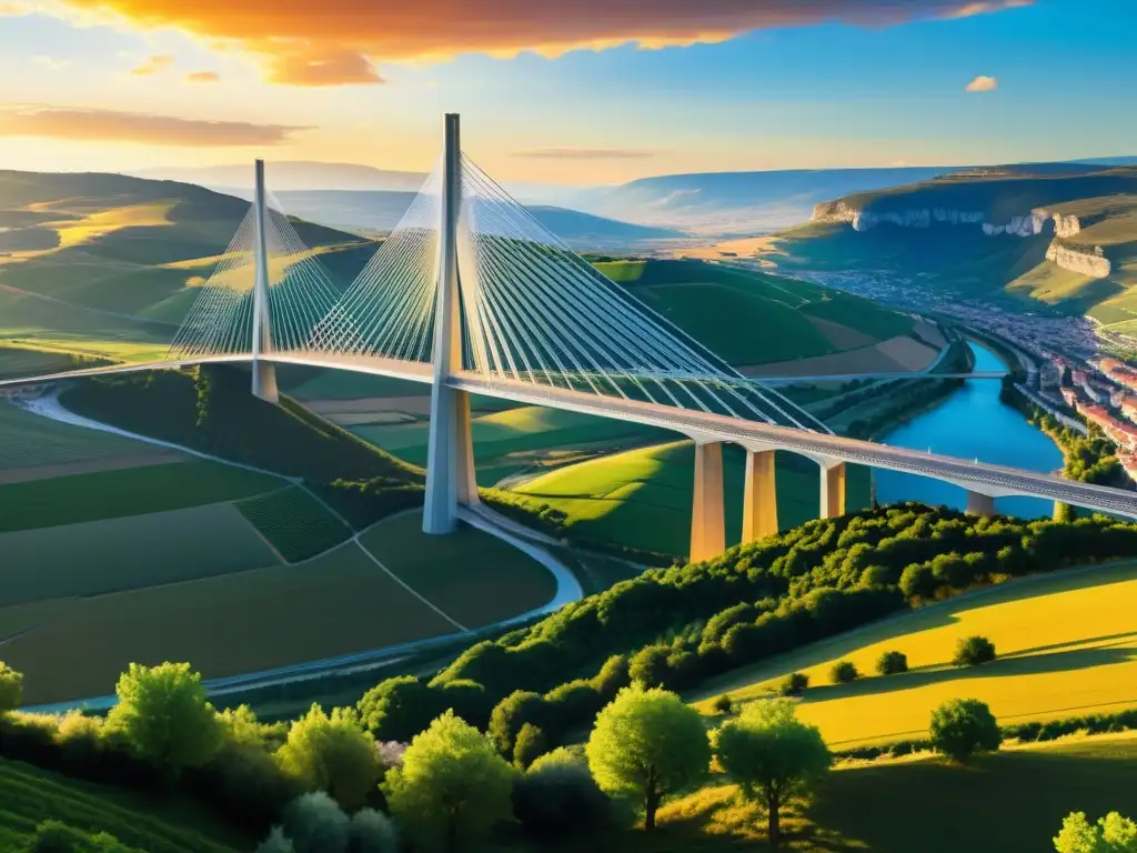 Una impresionante pintura en 8k del Viaducto de Millau, capturando su grandeza y maravilla arquitectónica al atardecer