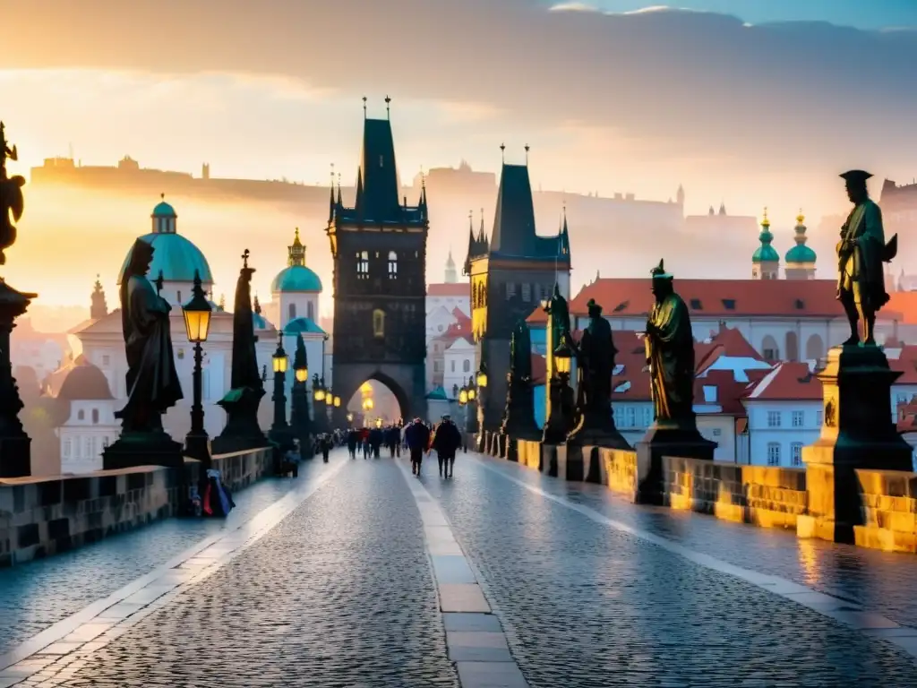 Fotografía impresionante del Puente de Carlos al amanecer en Praga, con un ambiente místico y encantador