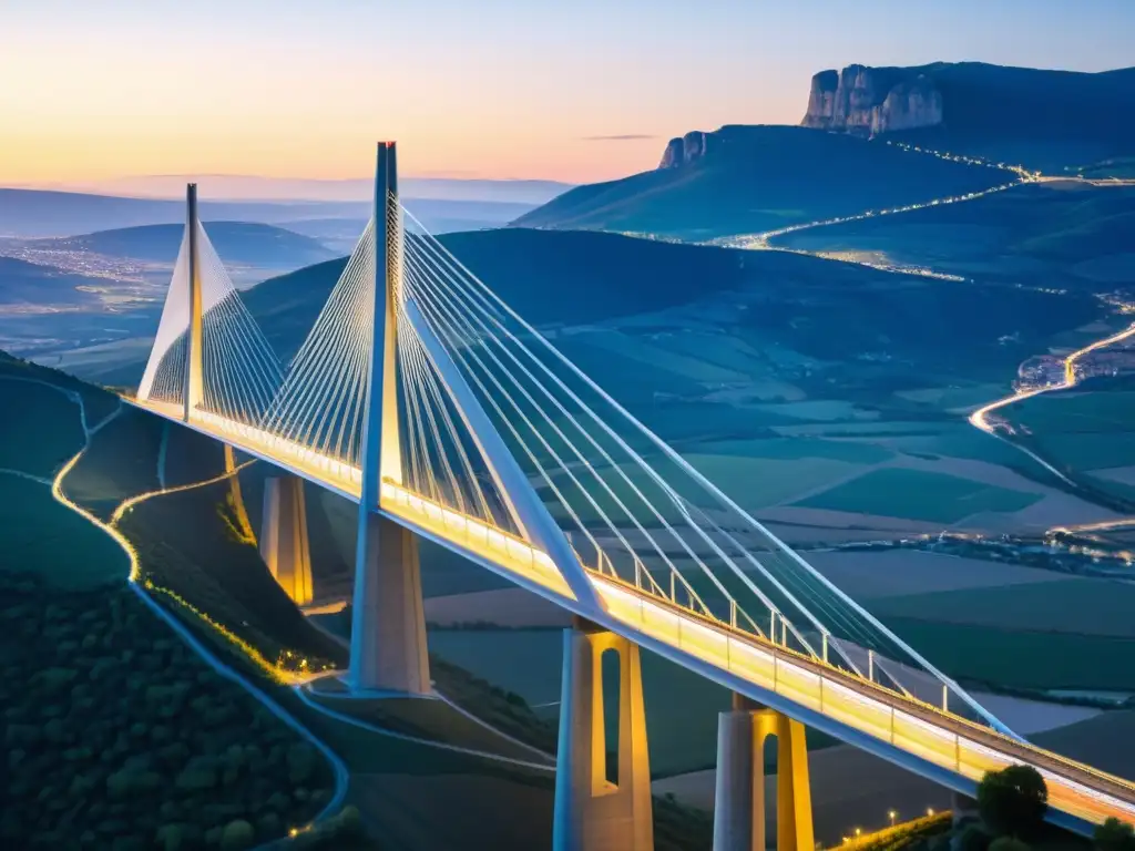 Un impresionante puente atirantado: el Viaducto de Millau en Francia, bañado por la cálida luz del atardecer