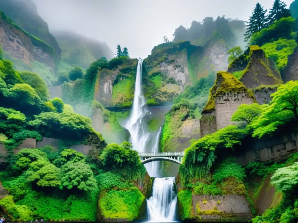 Impresionante puente de las cataratas Multnomah, con detalles arquitectónicos y exuberante vegetación, junto a la cascada