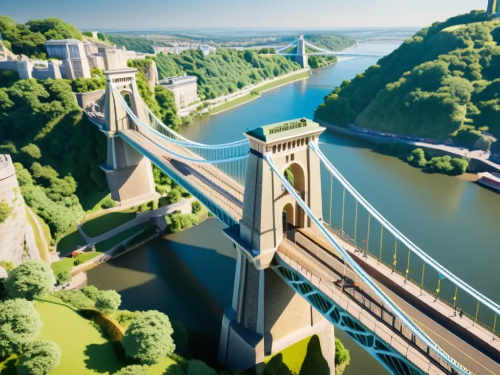 Un impresionante render en 3D del Puente Colgante de Clifton, resaltando su arquitectura detallada y la belleza de su paisaje