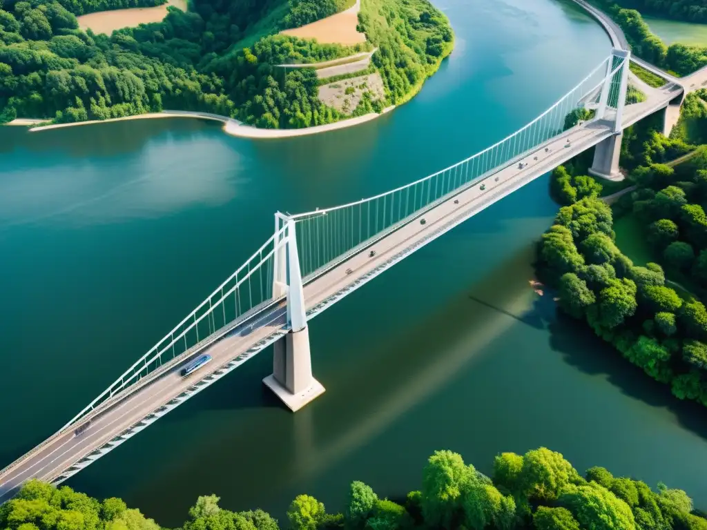 Un impresionante puente colgante moderno, con diseño arquitectónico elegante y cables que se fusionan con el entorno natural