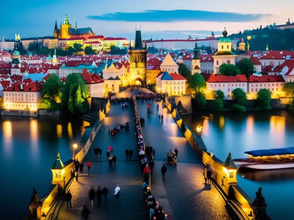 Una impresionante fotografía del Puente de Carlos en Praga, con detalles arquitectónicos, actividad bulliciosa y el río Vltava de fondo