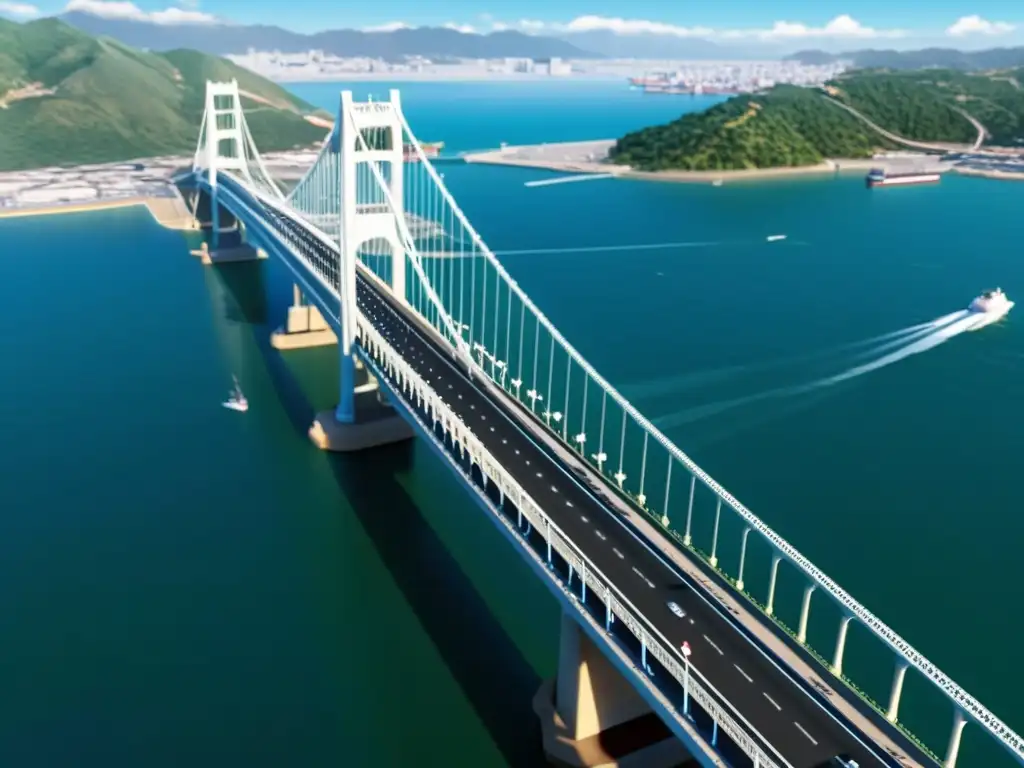 Impresionante animación 3D del Puente Akashi Kaikyo, destacando su diseño elegante y detalles ingenieriles