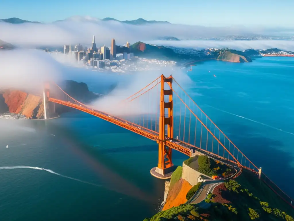 Un impresionante puente emblemático en San Francisco, envuelto en una ligera niebla con el horizonte de la ciudad al fondo