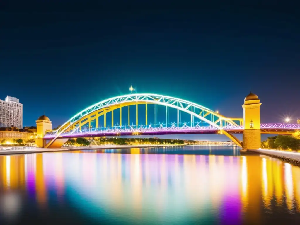 Un impresionante puente iluminado de noche con un diseño luminotécnico que crea un espectáculo visual vibrante y cautivador en la ciudad