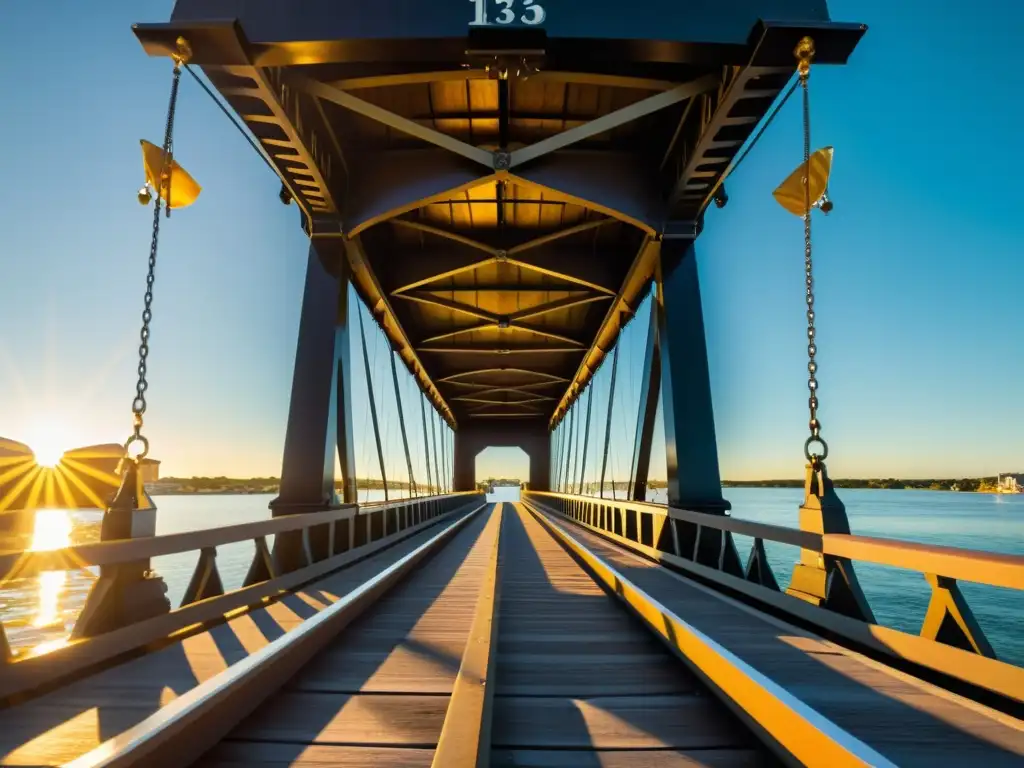 Un impresionante puente levadizo histórico en funcionamiento, con detalles arquitectónicos y mecánicos detallados, iluminado por el sol