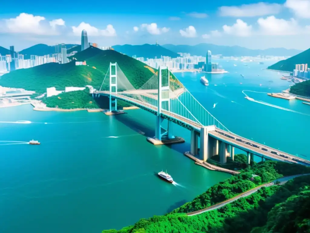 Impresionante Puente Tsing Ma en Hong Kong, con su majestuoso diseño arquitectónico y escala imponente sobre el mar azul