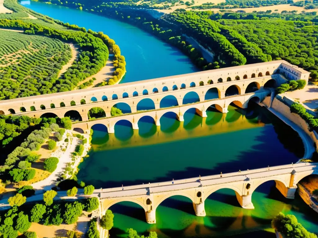 Pont du Gard, un impresionante puente medieval en Francia, rodeado de naturaleza y admiradores